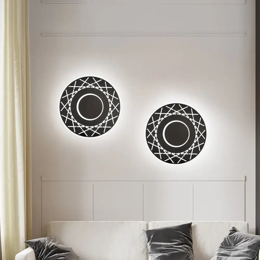 Contemporary black white geometric wall lamp with circular sconces and illuminated centers for living room lighting