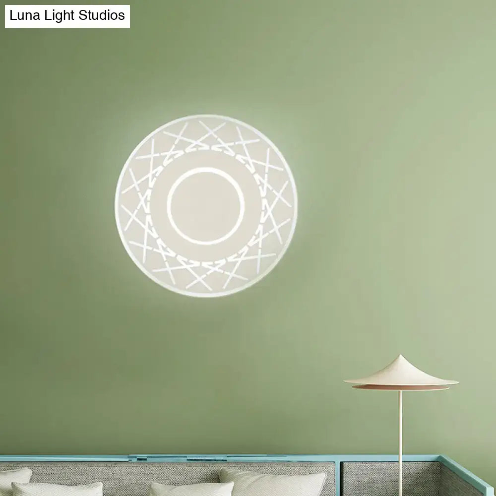 Contemporary black white geometric wall lamp with circular white led sconce and web-like pattern for living room