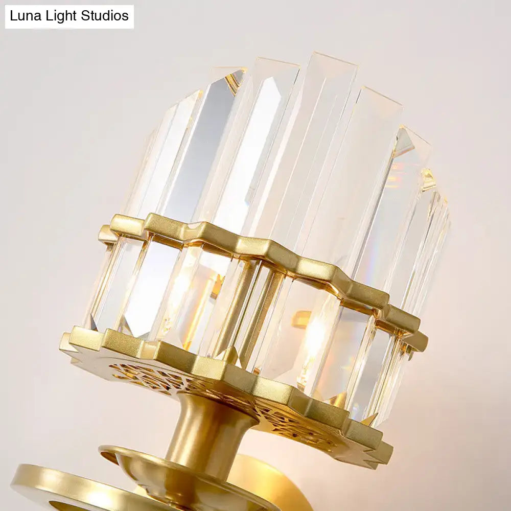 Gold-toned contemporary brass wall lamp with clear crystal faceted prisms tiered design for bedroom sconce e12 e14