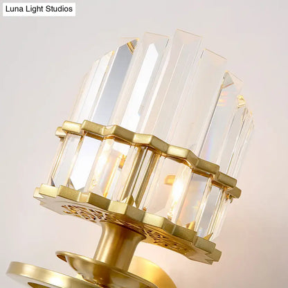 Gold-toned contemporary brass wall lamp with clear crystal faceted prisms tiered design for bedroom sconce e12 e14