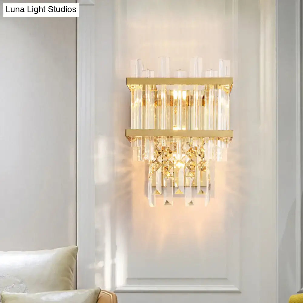 Gold-toned brass chrome wall lamp with clear crystal rods and faceted crystals for dining room lighting fixture
