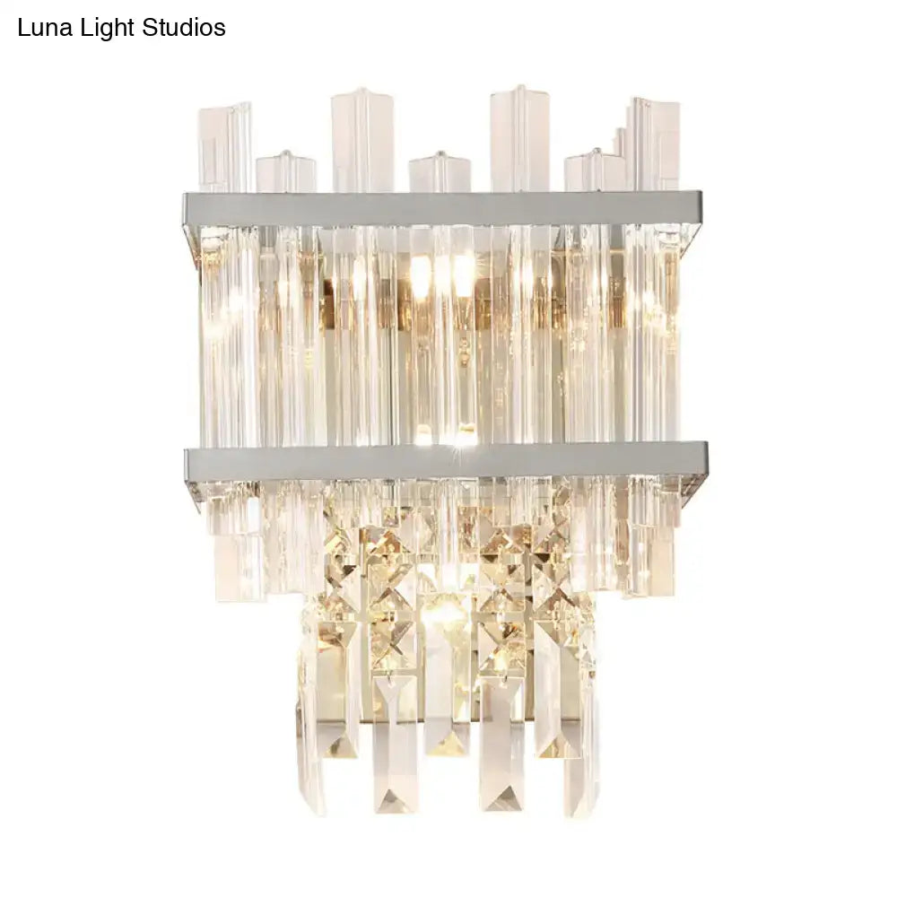 Modern two-tiered brass chrome wall lamp with cascading clear crystal prisms for dining room lighting fixture
