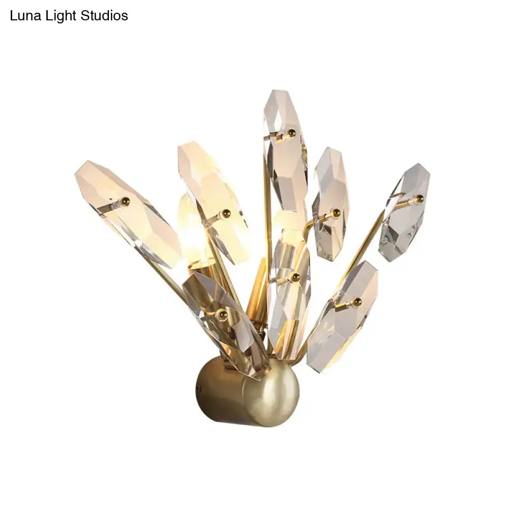 Contemporary brass crystal sputnik wall sconce with gold finish and faceted prisms for elegant living room wall light