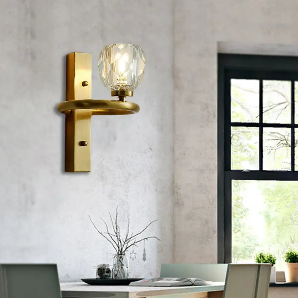Contemporary brass wall sconce with gold-toned finish and global crystal shade for dining room 220v-240v 110v-120v