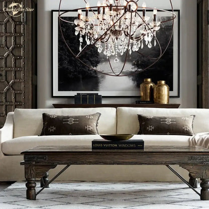 Contemporary bronze decorbites crystal led chandelier with dark metal frame and clear crystals for dining room decor
