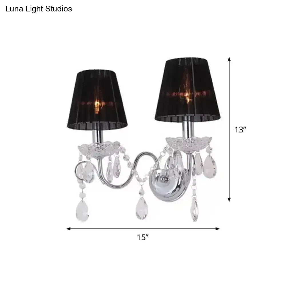 Contemporary chrome and crystal double-arm wall light fixture with black fabric shades for led incandescent fluorescent 220v-240v 110v-120v use