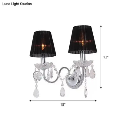 Contemporary chrome and crystal double-arm wall light fixture with black fabric shades for led incandescent fluorescent 220v-240v 110v-120v use