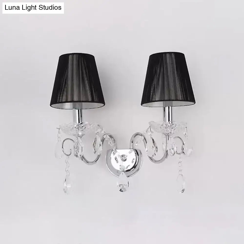 Elegant contemporary chrome and crystal two-light wall fixture with black fabric shades compatible with led incandescent fluorescent bulbs 220v-240v 110v-120v