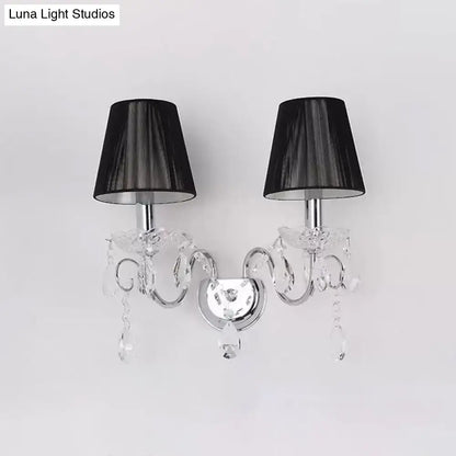 Elegant contemporary chrome and crystal two-light wall fixture with black fabric shades compatible with led incandescent fluorescent bulbs 220v-240v 110v-120v