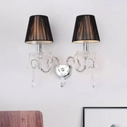 Elegant contemporary chrome and crystal two-light wall fixture with black sheer lampshades compatible with led incandescent fluorescent 220v-240v 110v-120v