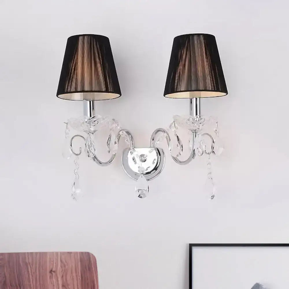 Elegant contemporary chrome and crystal two-light wall fixture with black sheer lampshades compatible with led incandescent fluorescent 220v-240v 110v-120v