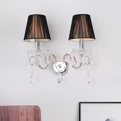 Elegant contemporary chrome and crystal two-light wall fixture with black sheer lampshades compatible with led incandescent fluorescent 220v-240v 110v-120v