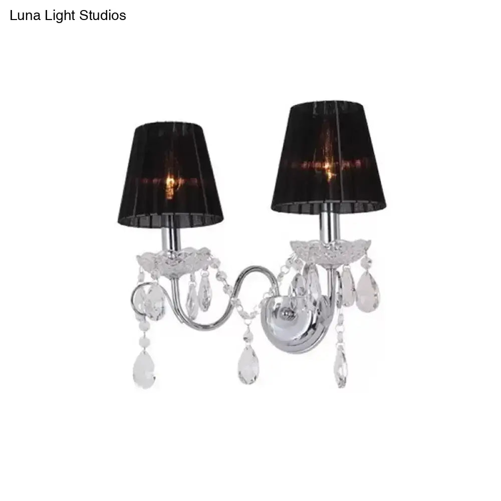Contemporary chrome and crystal double-arm wall light fixture with black pleated lampshades for led incandescent fluorescent 220v-240v use