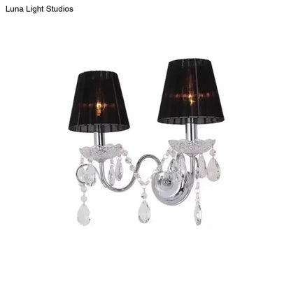 Contemporary chrome and crystal double-arm wall light fixture with black pleated lampshades for led incandescent fluorescent 220v-240v use