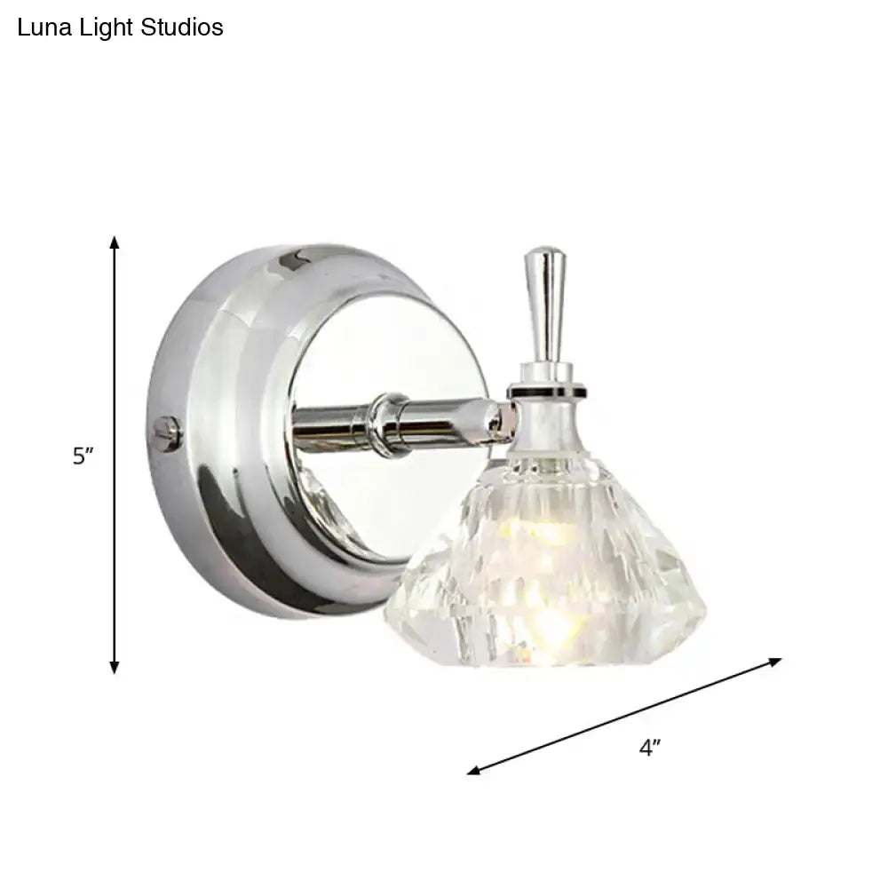 Contemporary chrome wall lamp with a clear beveled crystal faceted glass shade bathroom sconce finish
