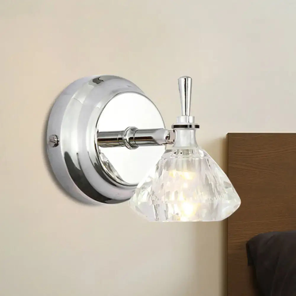 Contemporary chrome wall lamp with clear beveled crystal faceted shade bathroom sconce for elegant lighting