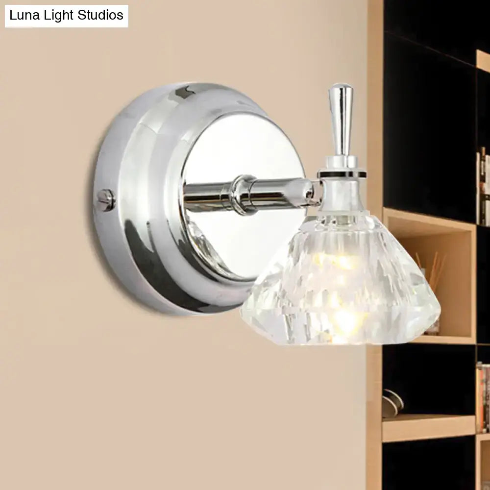 Contemporary chrome wall lamp with clear beveled crystal faceted glass shade bathroom sconce for modern interiors