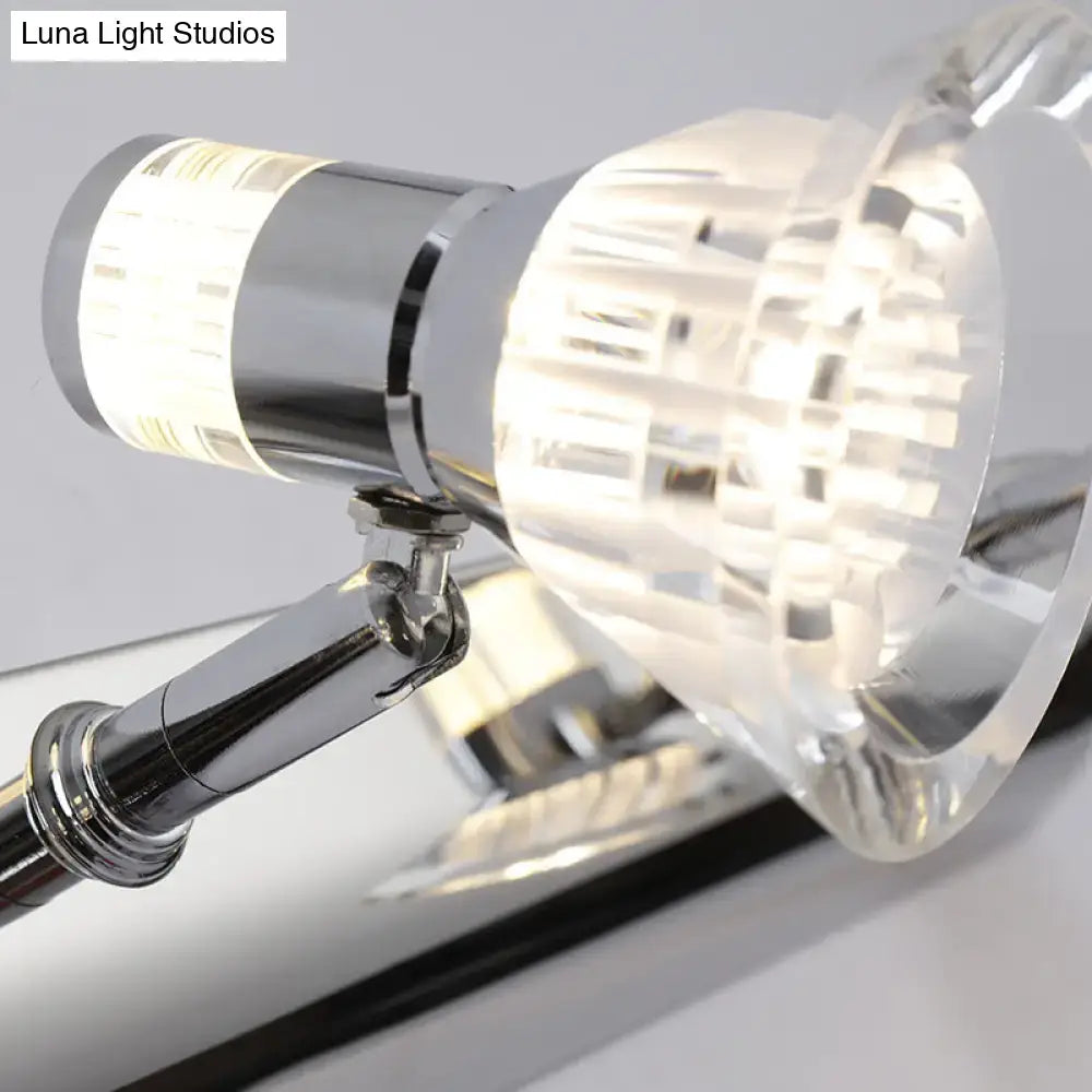 Contemporary style chrome conic sconce light with adjustable wall mount and faceted crystal shade for bathroom vanity lighting