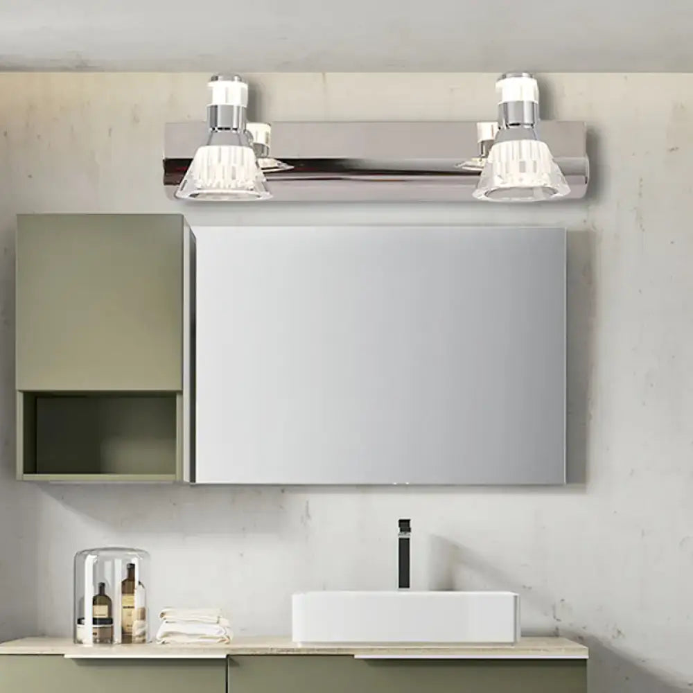 Contemporary style conic sconce light with chrome finish and two clear glass shades for bathroom vanity lighting