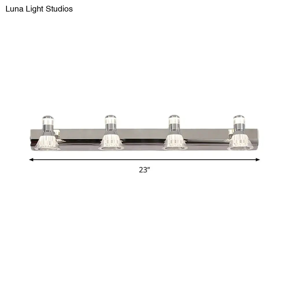 Contemporary chrome conic sconce light with four clear textured glass shades for bathroom vanity lighting