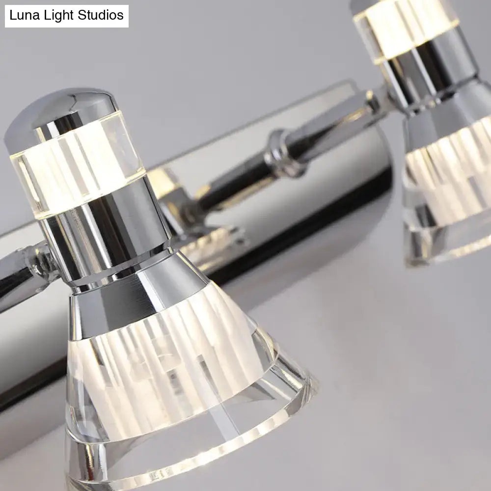 Contemporary style chrome conic sconce light with crystal accents and dual adjustable heads for bathroom vanity lighting