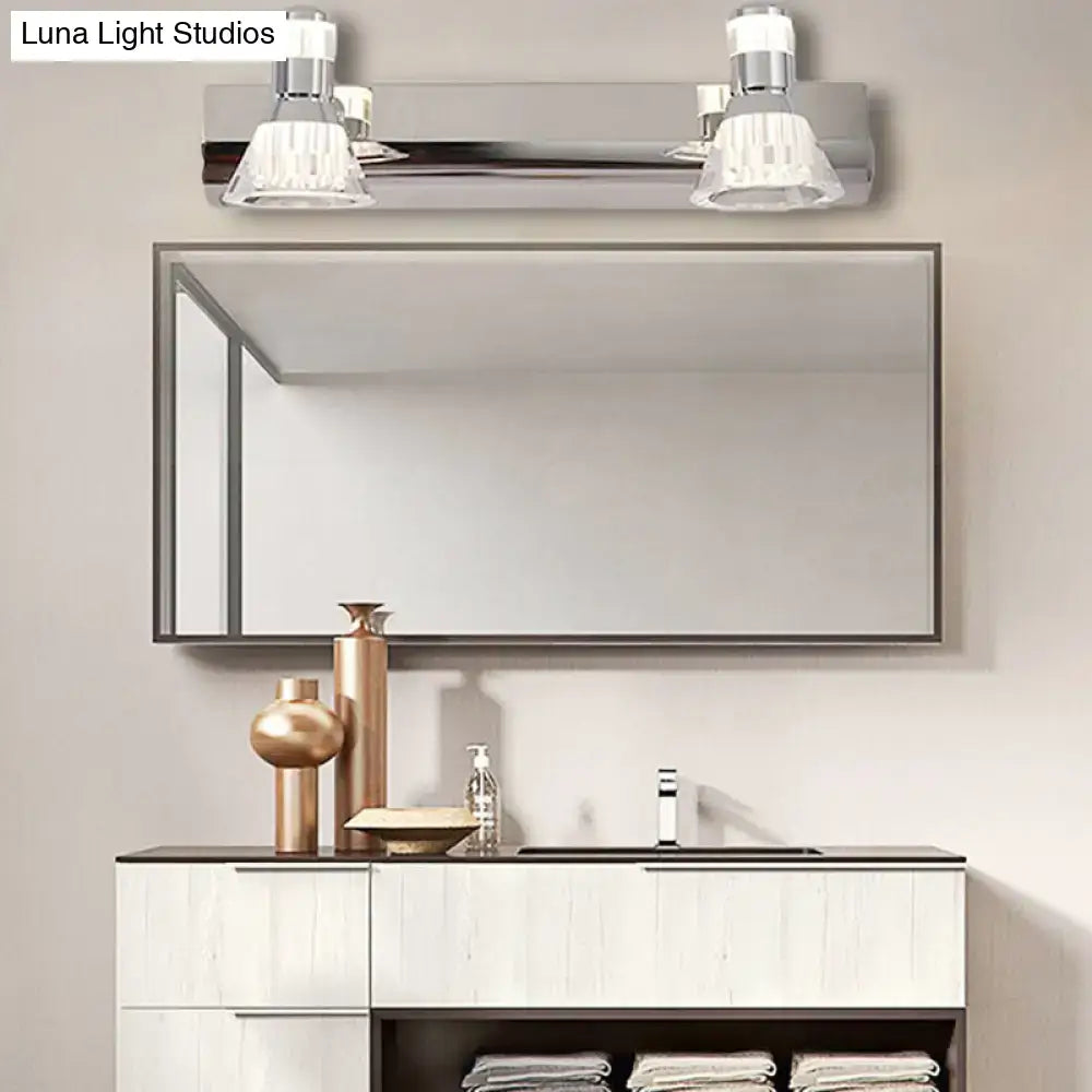 Contemporary chrome conic sconce light with two clear glass shades for bathroom crystal vanity lighting