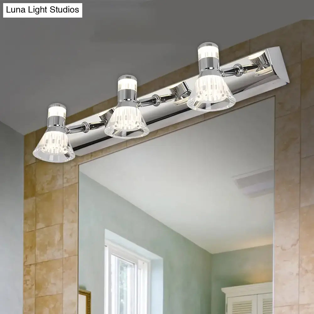 Contemporary chrome conic sconce light with three adjustable crystal-encrusted lamp heads for bathroom vanity lighting