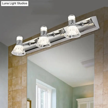 Contemporary chrome conic sconce light with three adjustable crystal-encrusted lamp heads for bathroom vanity lighting
