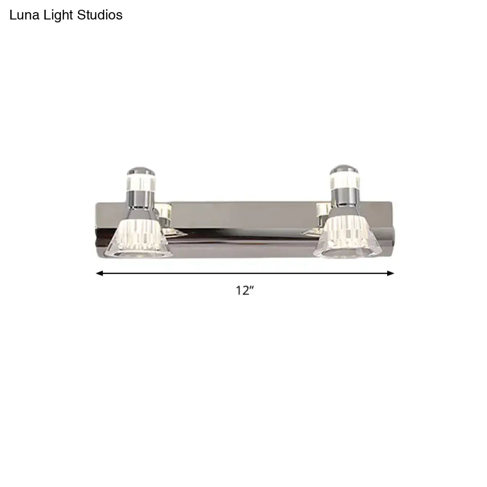 Contemporary chrome conic sconce light with dual crystal accents and sleek modern design for bathroom vanity lighting