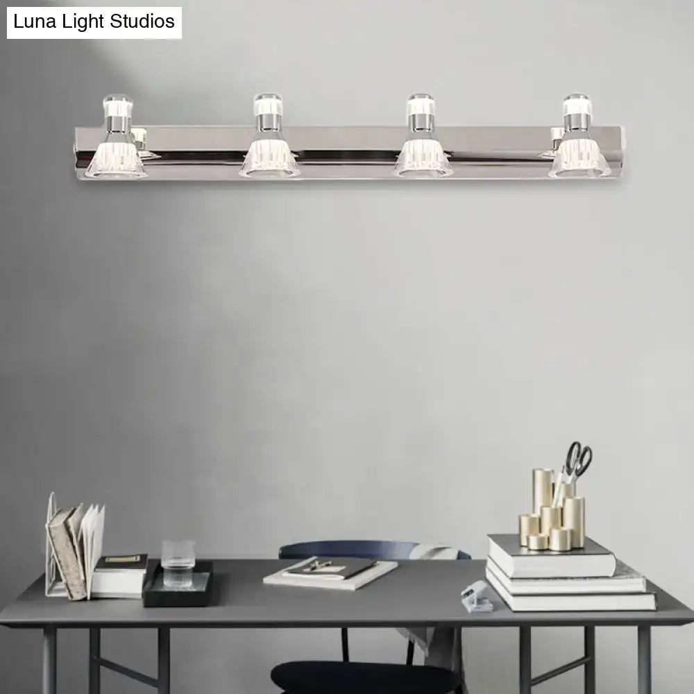 Contemporary style chrome conic sconce light with four adjustable spotlights and clear glass shades for bathroom vanity