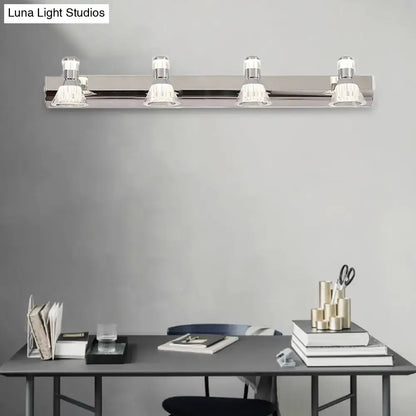 Contemporary style chrome conic sconce light with four adjustable spotlights and clear glass shades for bathroom vanity