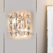 Contemporary chrome crystal 2-light wall lamp with clear faceted crystals and polished chrome rods for living room