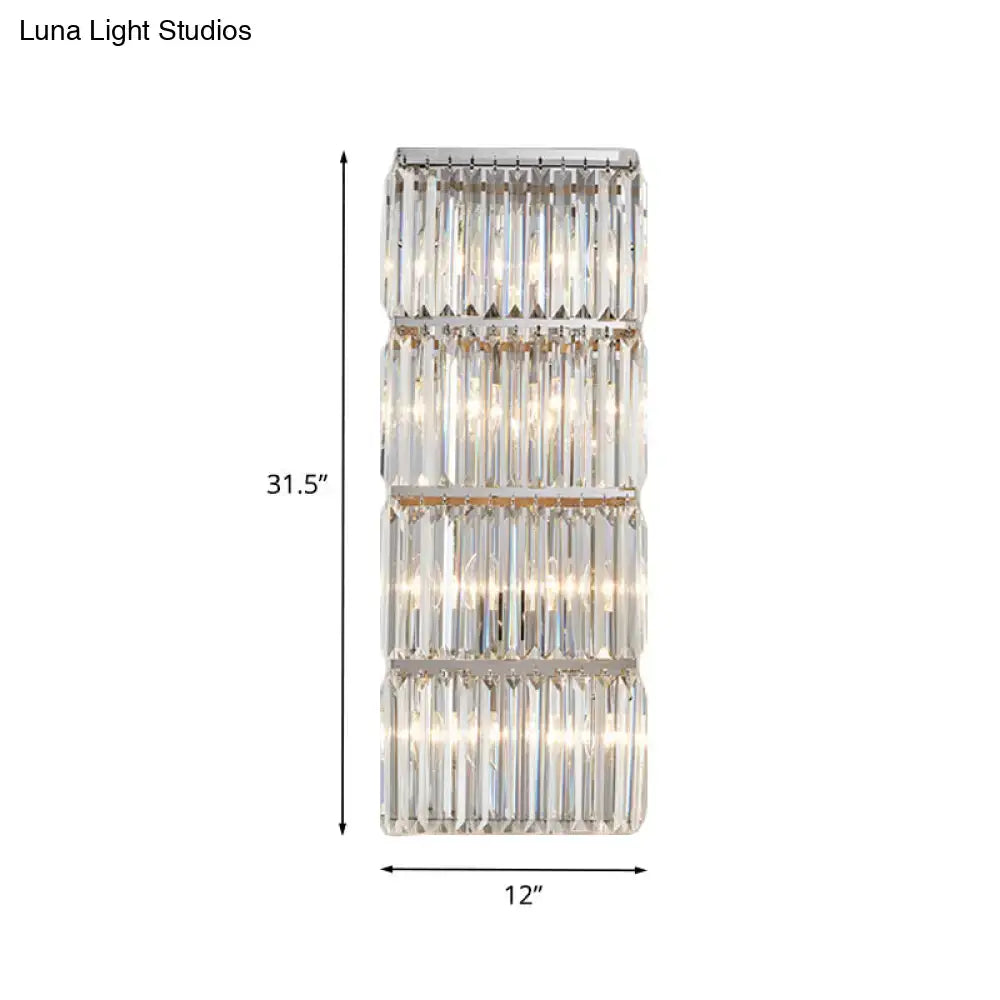 Contemporary chrome crystal flush wall sconce with four clear crystal prism tiers in polished chrome for living room lighting