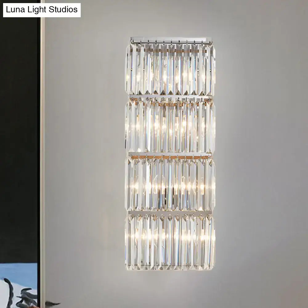 Contemporary chrome crystal flush wall sconce with four tiers of clear faceted prisms for living room lighting