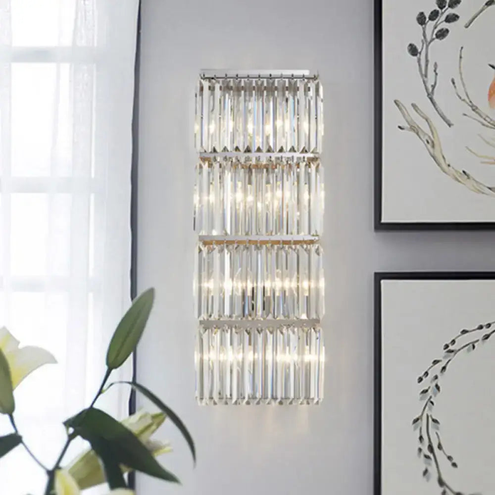Contemporary chrome crystal flush wall sconce with four rows of clear faceted crystal rods for living room light