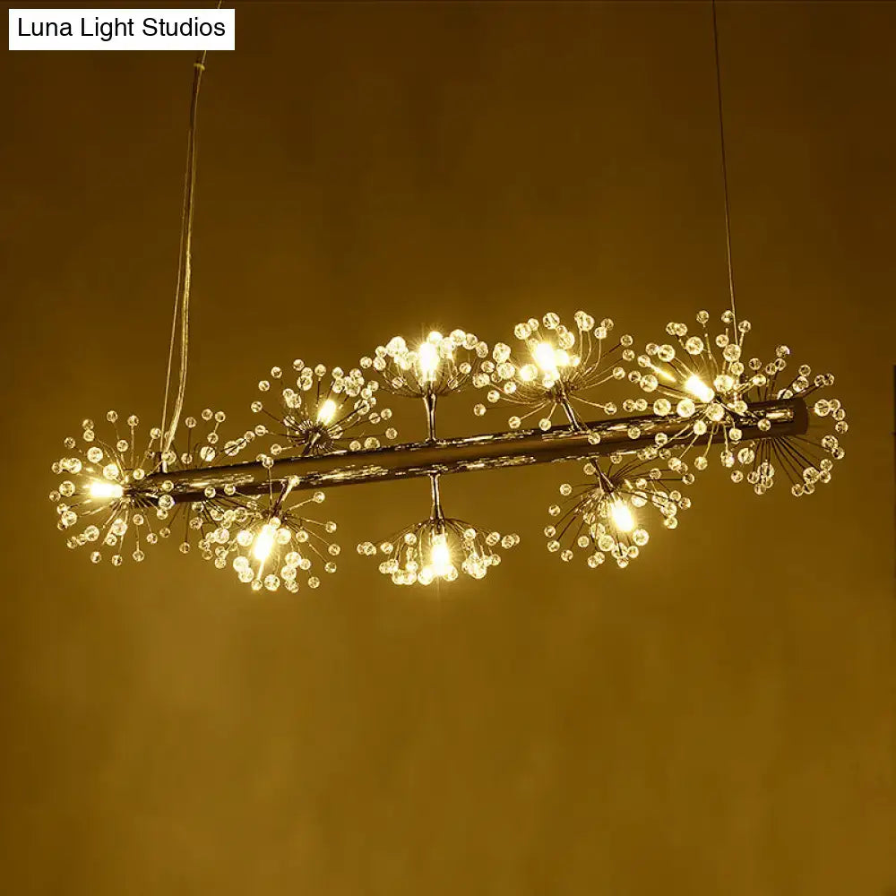 Decorbites 10-head clear crystals island lamp with sleek black frame and warm golden light contemporary chrome dandelion ceiling light