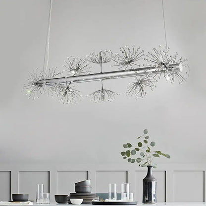 Modern chrome pendant ceiling light with clear crystals and dandelion clusters, ideal for dining rooms by DecorBites™