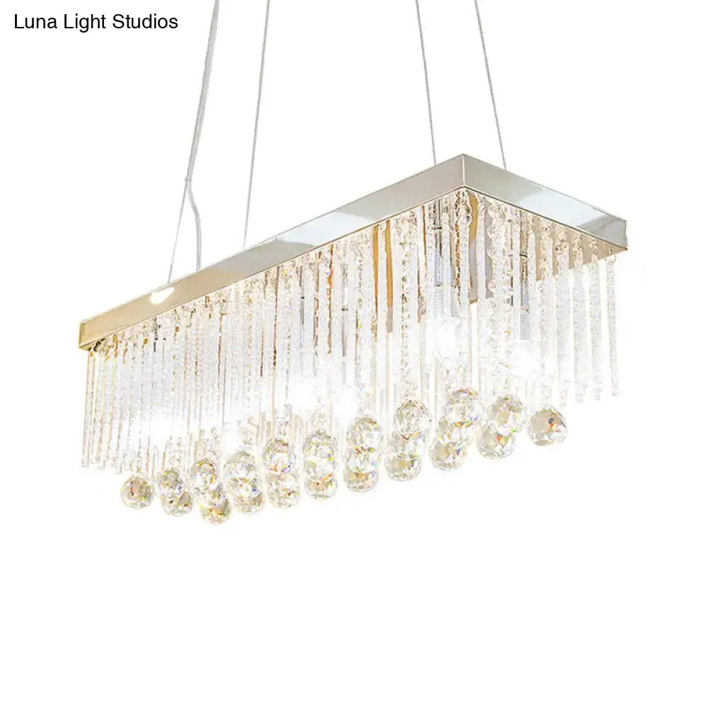 DecorBites™ contemporary chrome island light fixture with rectangular crystal chandelier and cascading glass prisms