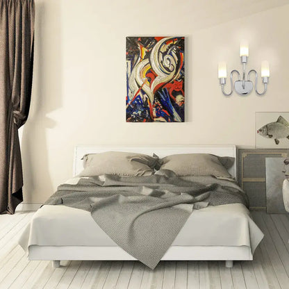 Contemporary chrome milk glass pill sconce bedroom wall light with abstract canvas painting featuring red blue white and black hues