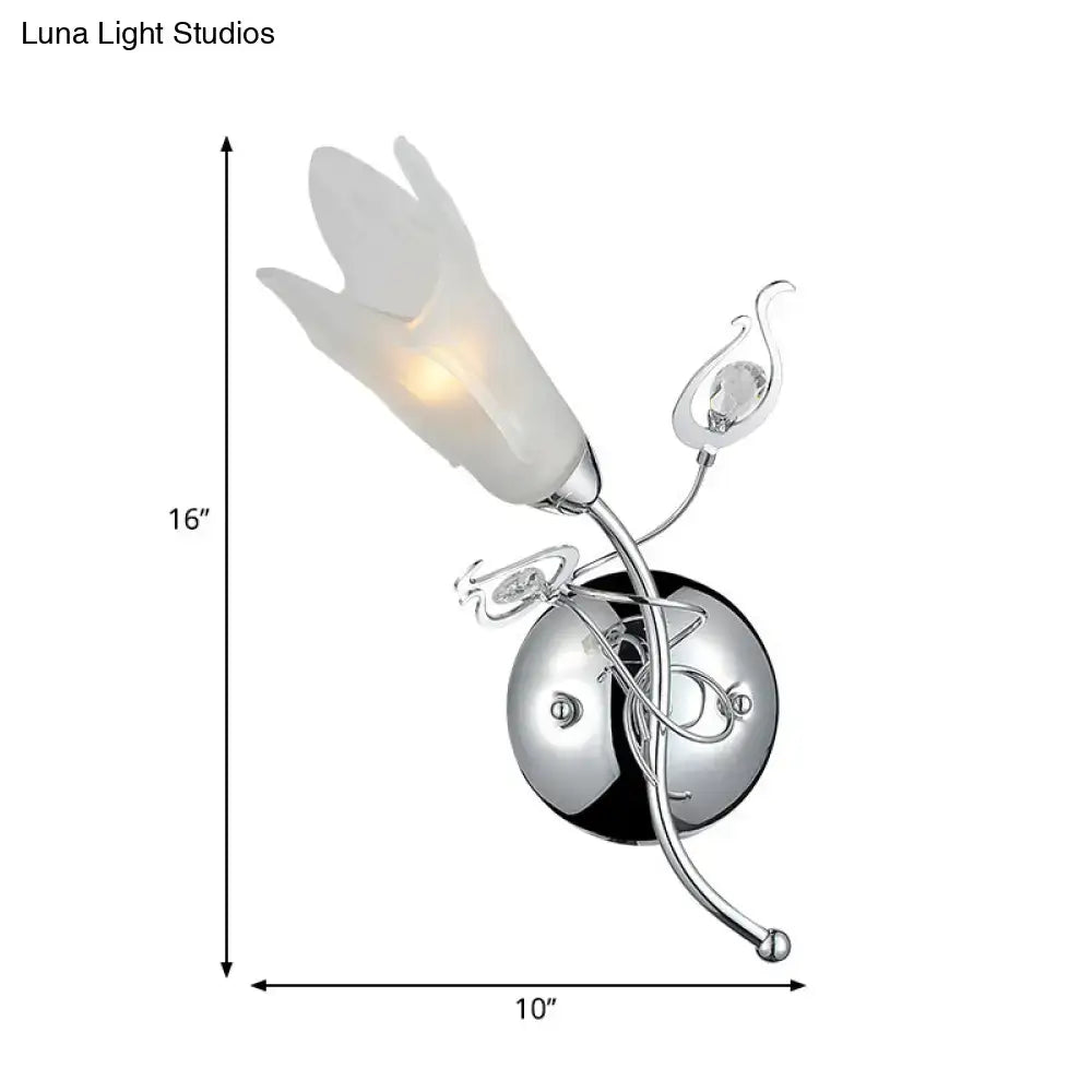 Contemporary chrome floral wall sconce with frosted opal glass tulip shade and crystal accents e12 e14 compatible