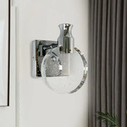 Contemporary crystal led circle wall sconce with chrome finish and bubble-textured glass shade for living room lighting
