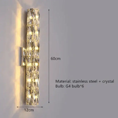 Contemporary crystal wall sconce with gold frame and stacked crystal segments illuminated by six g4 bulbs by decorbites