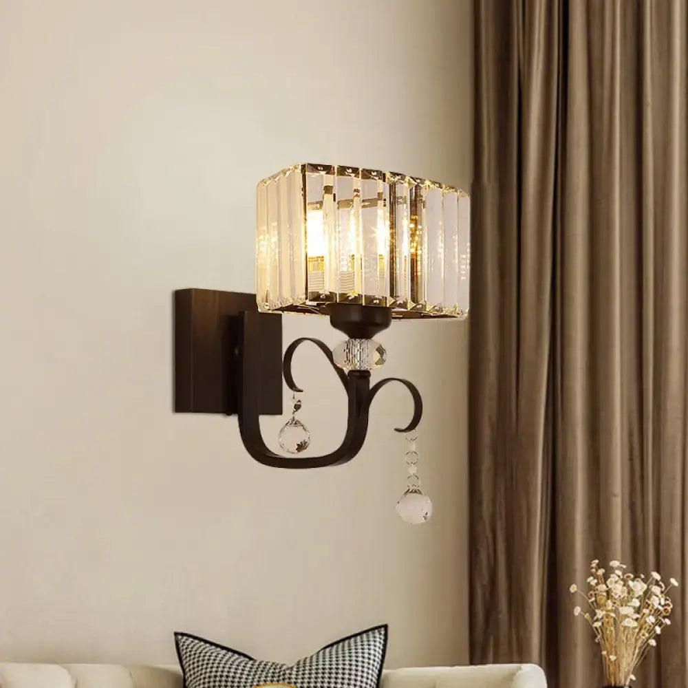Contemporary dark bronze metal wall sconce with clear glass droplets as a crystal sconce light wall lamp