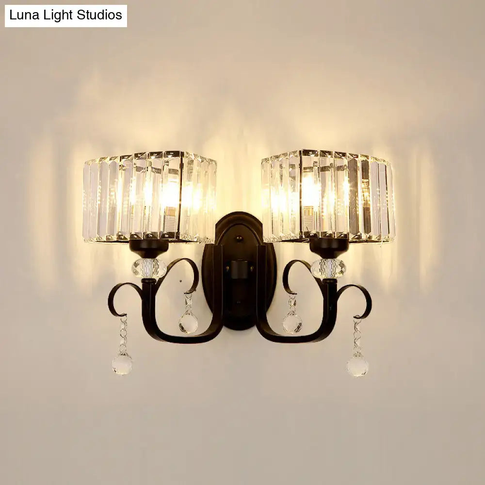 Contemporary dark bronze metal wall sconce light with two crystal fixtures and dangling clear glass beads wall lamp