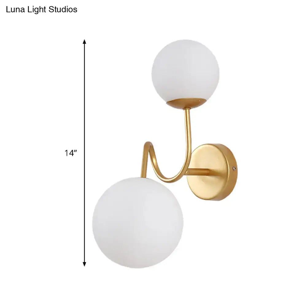 Contemporary gold two head wall sconce with frosted white glass shade compatible with e26 e27 bulb for living room