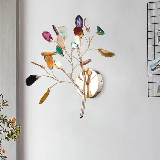 Contemporary gold agate leaf tree sconce with colorful agate slices, 24 inches tall for living room lighting