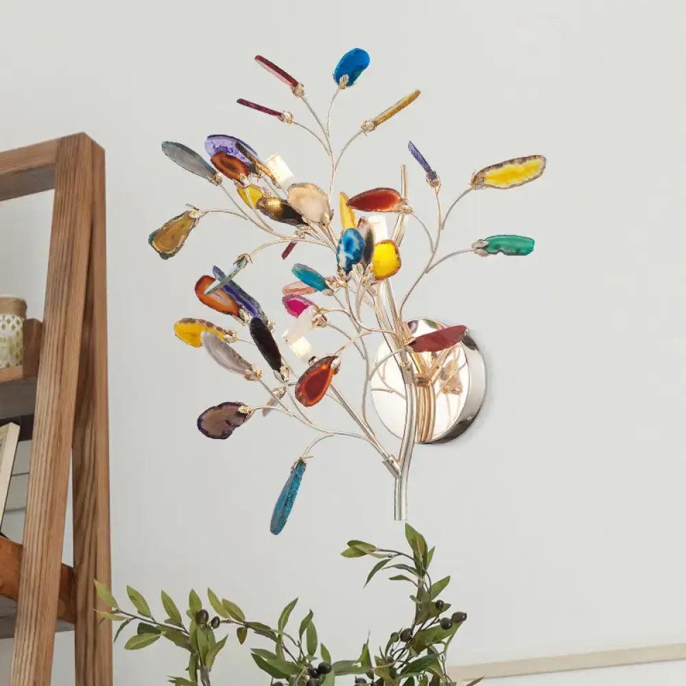 Contemporary gold agate leaf tree sconce with colorful glass leaves and silver base 24 inches tall for living room