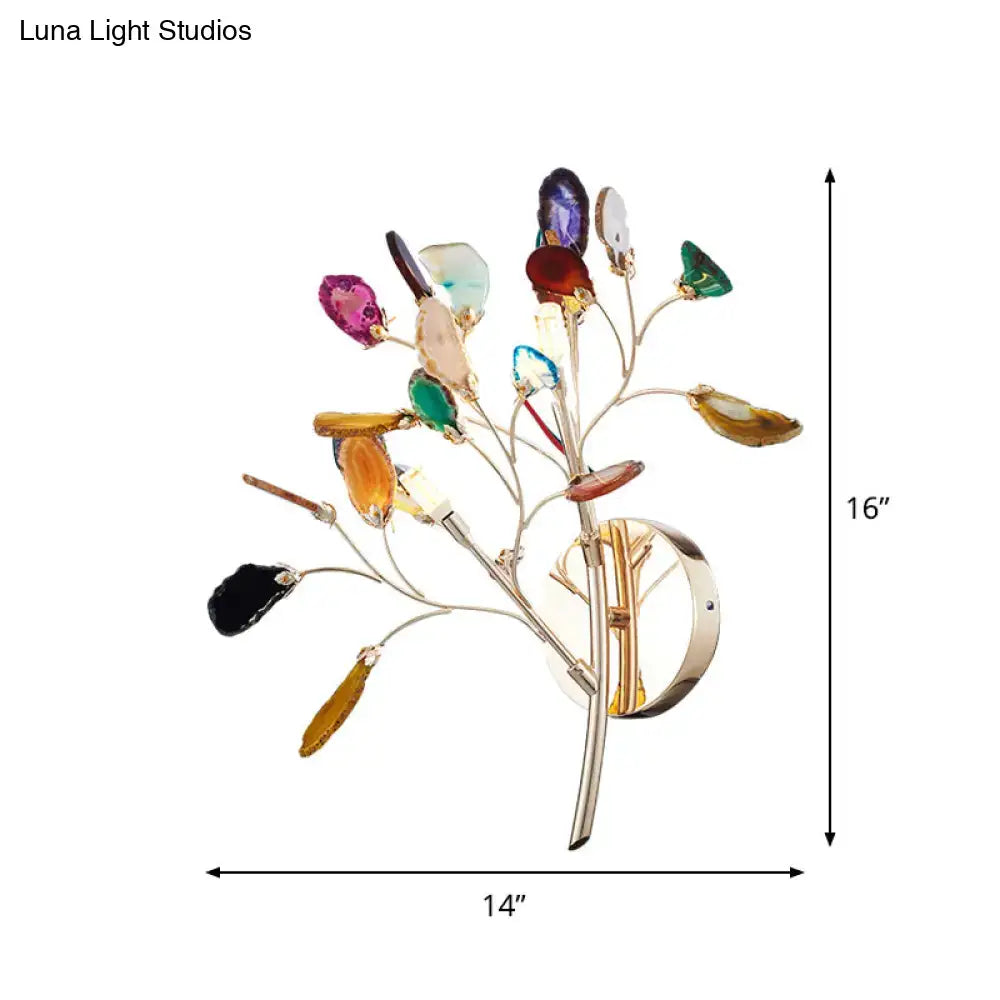 Contemporary gold agate leaf tree sconce 24 inches tall with colorful faceted gemstone leaves on gold base
