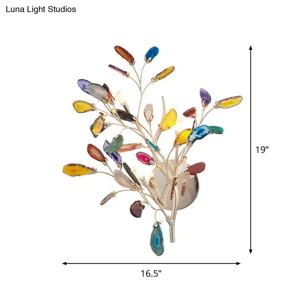 Contemporary gold agate leaf tree sconce 24 inches tall featuring 19 inch vibrant inch light with colorful agate slices