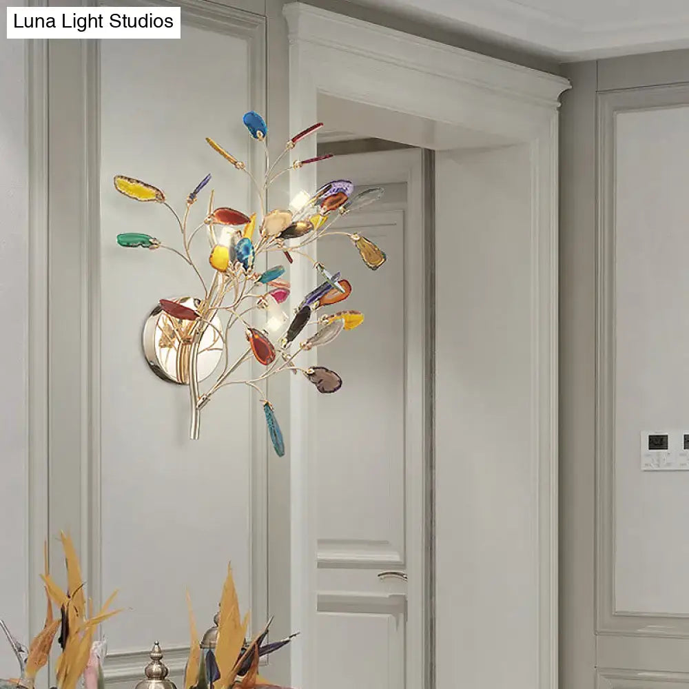 Contemporary 24 inches tall tree sconce with colorful glass leaves and silver metal base for living room lighting